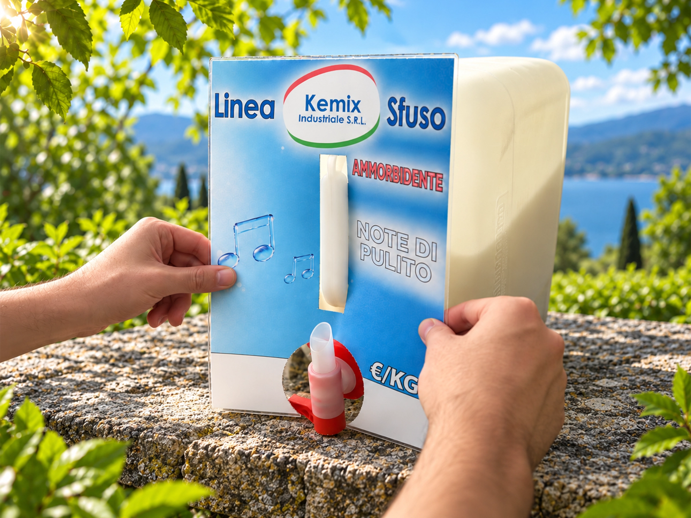 Copritanica Kemix applicato a una tanica da 25 kg in un punto vendita.