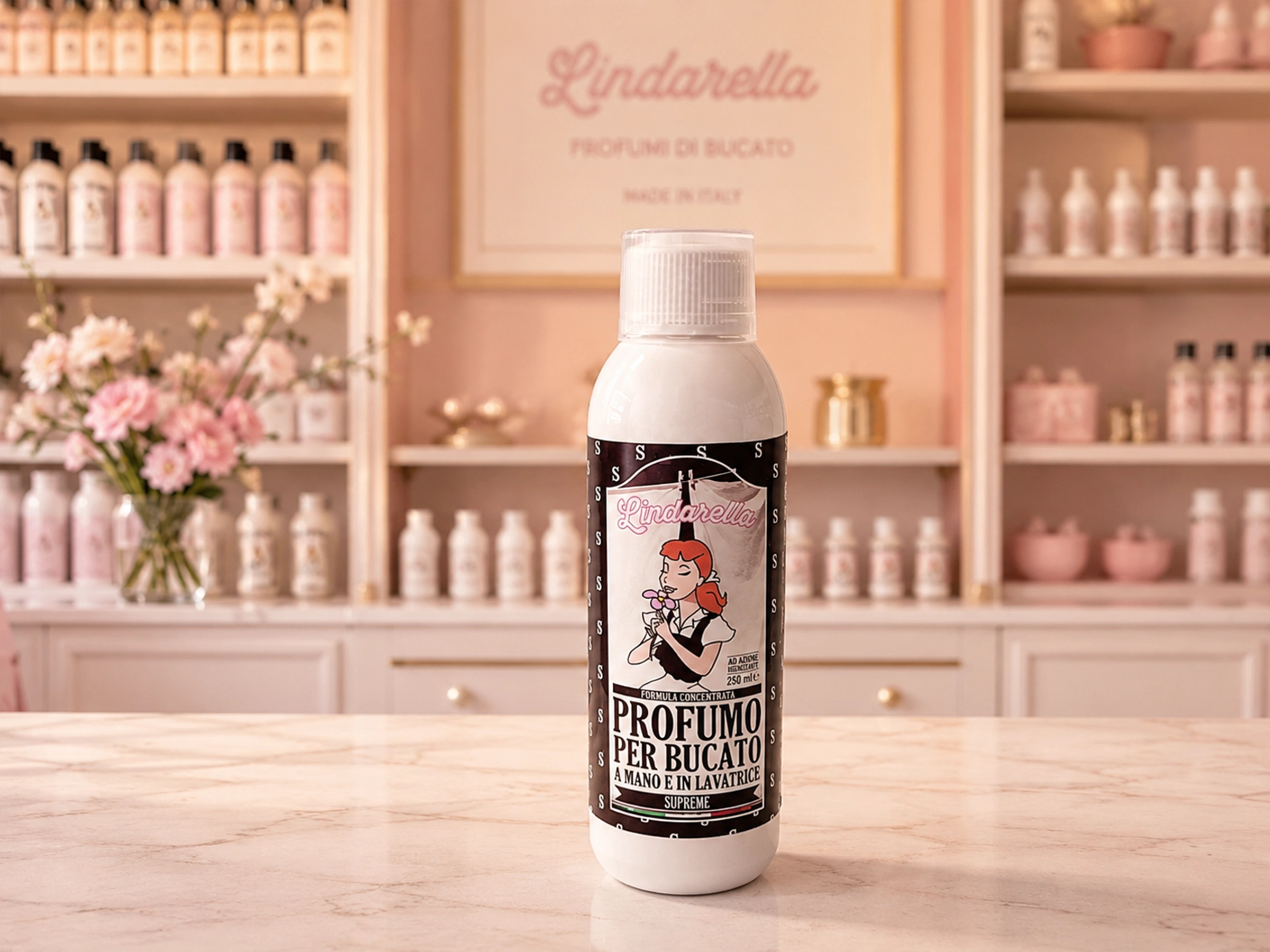 Flacone da 250 ml di Essenze Lindarella con l'etichetta applicata.