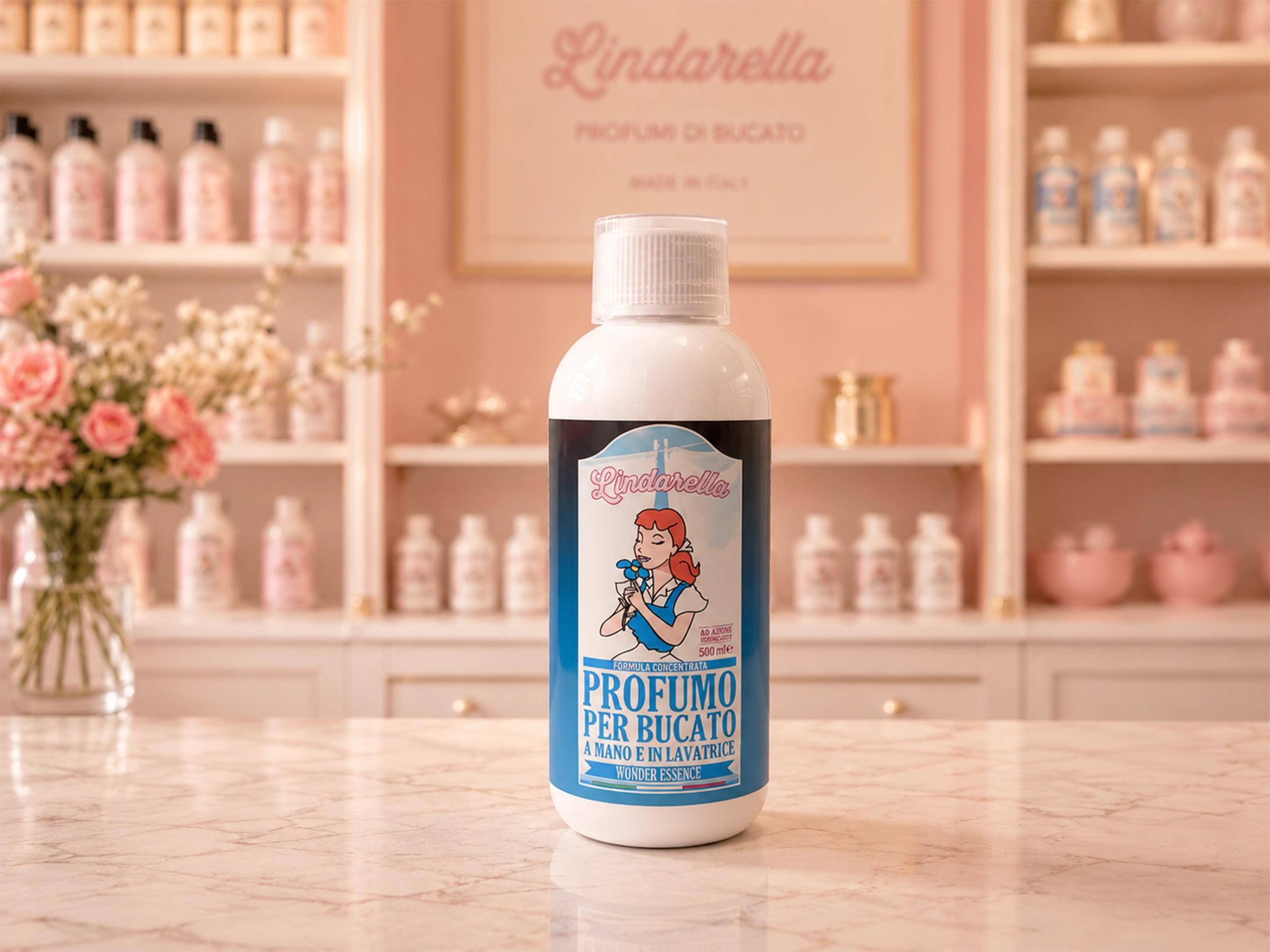 Flacone da 500 ml di Essenze Lindarella con l'etichetta applicata.